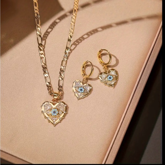 Jewelry - Devil’s Eye pendant Necklace Earrings set copper- gold plated Heart shaped